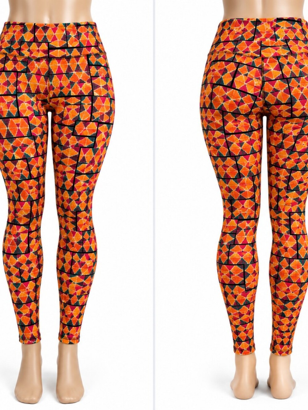 LuLaRoe Tall & Curvy Leggings Orange Geometric Mosaic Print Soft StretchBright